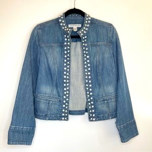 Chico's Platinum Denim Pearl and Rhinestone Open Front Jacket Blue Small